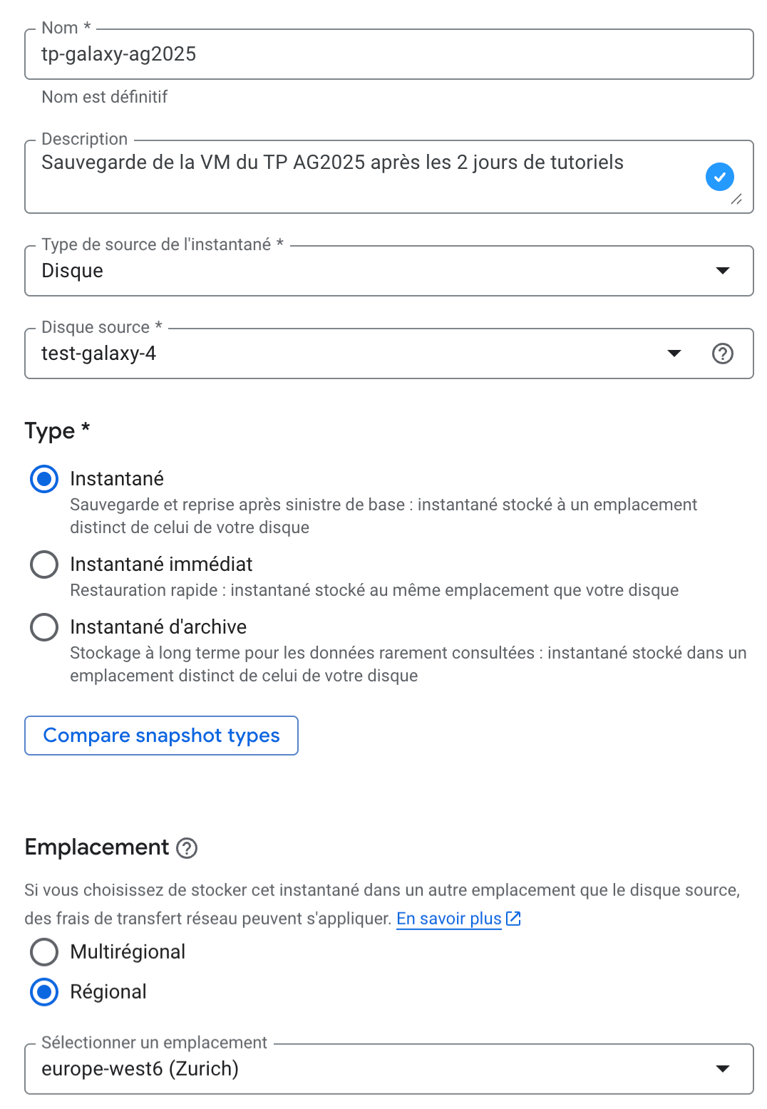 Création d'un instantané